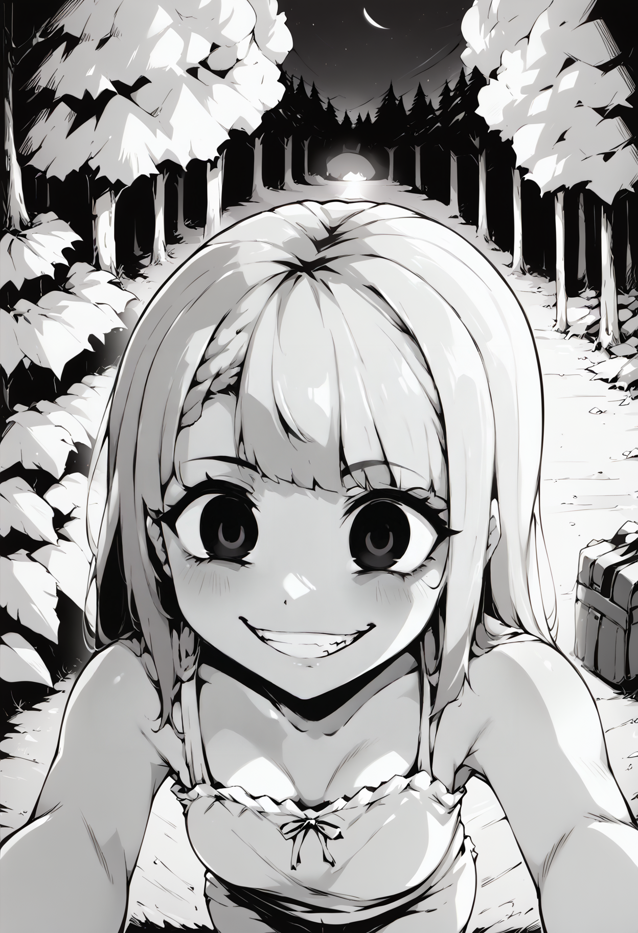 score_9, score_8_up, score_7_up, score_6_up, score_5_up, score_4_up, source_anime, uncensored, zPDXLxxx, <lora:intricate_details:1> indoors, dark foreground, dark forest, trees, night, pov, from above, face focus
<lora:Sister_Monochrome_Fantasy_v1.1:1> imouto, sister, 1girl, solo, monochrome, greyscale, long hair, camisole, wide-eyed, looking up, empty eyes, black eyes, looking at viewer, grabbing viewer, <lora:gesugao_v1_unpruned:1> gesugao, evil grin, shaded face