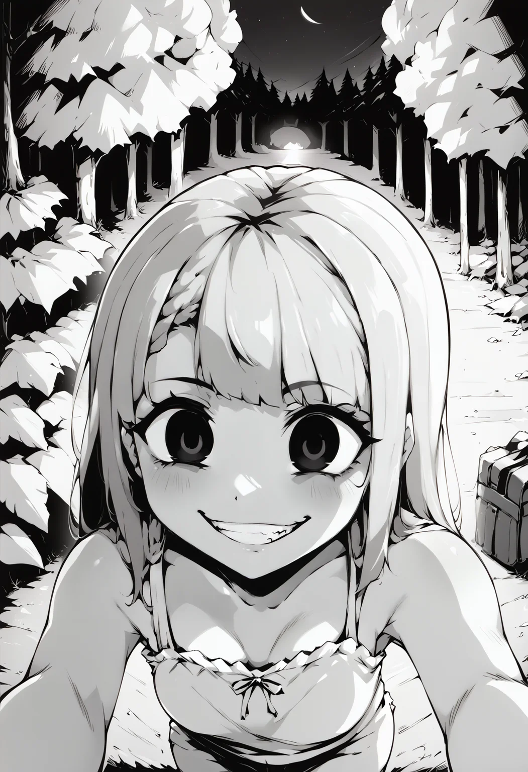 score_9, score_8_up, score_7_up, score_6_up, score_5_up, score_4_up, source_anime, uncensored, zPDXLxxx, <lora:intricate_details:1> indoors, dark foreground, dark forest, trees, night, pov, from above, face focus
<lora:Sister_Monochrome_Fantasy_v1.1:1> imouto, sister, 1girl, solo, monochrome, greyscale, long hair, camisole, wide-eyed, looking up, empty eyes, black eyes, looking at viewer, grabbing viewer, <lora:gesugao_v1_unpruned:1> gesugao, evil grin, shaded face