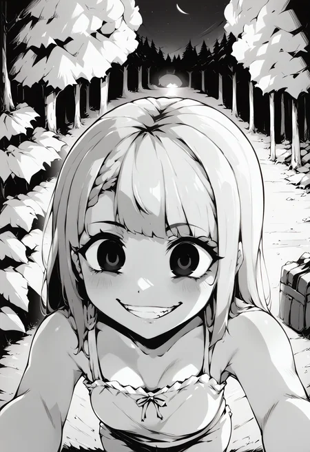 score_9, score_8_up, score_7_up, score_6_up, score_5_up, score_4_up, source_anime, uncensored, zPDXLxxx, <lora:intricate_details:1> indoors, dark foreground, dark forest, trees, night, pov, from above, face focus
<lora:Sister_Monochrome_Fantasy_v1.1:1> imouto, sister, 1girl, solo, monochrome, greyscale, long hair, camisole, wide-eyed, looking up, empty eyes, black eyes, looking at viewer, grabbing viewer, <lora:gesugao_v1_unpruned:1> gesugao, evil grin, shaded face