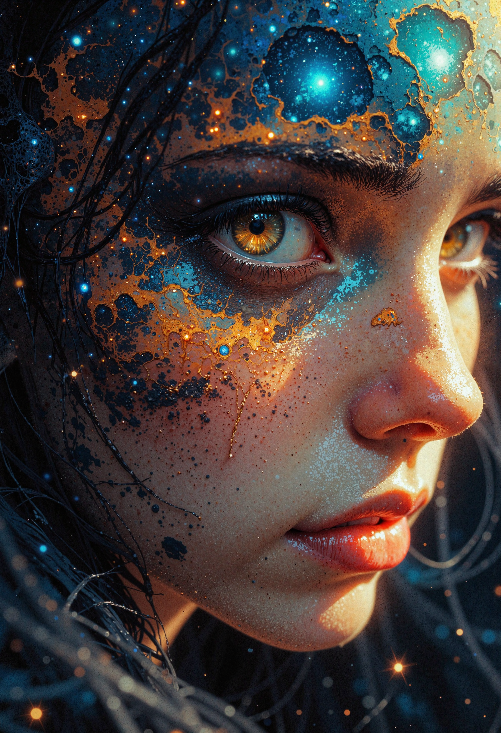 masterpiece, high-quality, A womans face, partially obscured by a veil of shimmering stardust, is illuminated by the soft glow of a nearby nebula. Her eyes, wide and filled with wonder, reflect the cosmic beauty of the universe. Delicate constellations are tattooed on her skin, glowing faintly in the dim light. A single tear rolls down her cheek, reflecting the light of a distant star. The camera focuses on the intricate details of her face, capturing her emotions and the ethereal beauty of the scene. Hyperdetailed textures, lighting, and a subtle sense of sadness create a scene of profound emotion and cosmic connection, <lora:FLUX\Anime v1.3:0.5> <lora:FLUX\FLUX-daubrez-DB4RZ:0.3> <lora:FLUX\VividlySurrealOrigin:0.6>