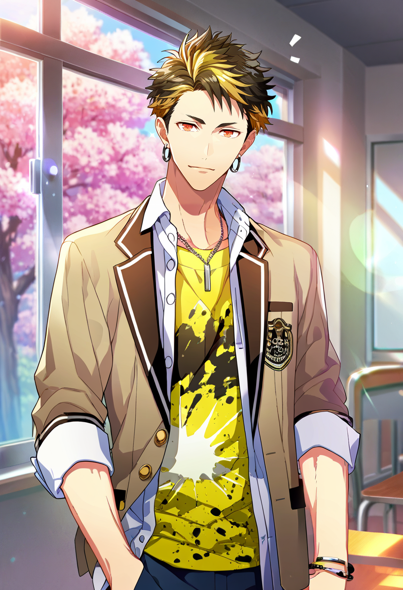 1boy, male focus, solo focus,
  <lora:Character - Wind Boys - Reito Tsuji:1> reitotsuji, black hair, multicolored hair, red eyes, bracelet, necklace, earrings,
((zPDXL)), score_9_up, score_8_up, score_7_up, score_6_up, score_5_up, score_4_up, best quality, amazing quality, best aesthetic, absurdres, year2023, uncensored, nsfw, official art, official style, depth of field, detailed eye,
indoors, window, cowboy shot, classroom, standing, notice lines, noticing viewer, cherry blossoms, 
school uniform, yellow shirt, necklace, bracelet, blazer,
