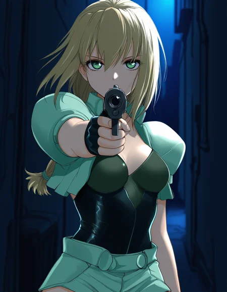 <lora:excel-illustrious-000030:1> excel, fingerless gloves, leotard, puffy short sleeves, short shorts, 1girl, solo, gun, aiming at viewer, expressionless, blurry background, alley, night, upper body, masterpiece,best quality,amazing quality
