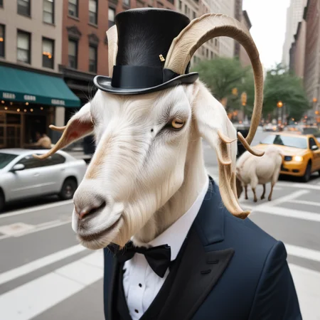 photorealistic, gentleman goats01 in a tuxedo face enhanced, on a Manhattan street, in the style of <lora:goats01-xl:1>