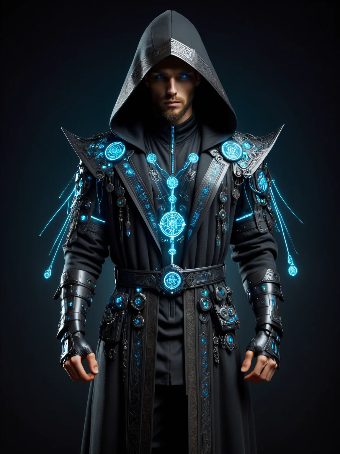 man, cyberpunk <lora:Cyberpunk_Techno-Mages_SDXL:1> hermeticwizard, hooded robe, rune, dynamic pose, (masterpiece:1.2), best quality