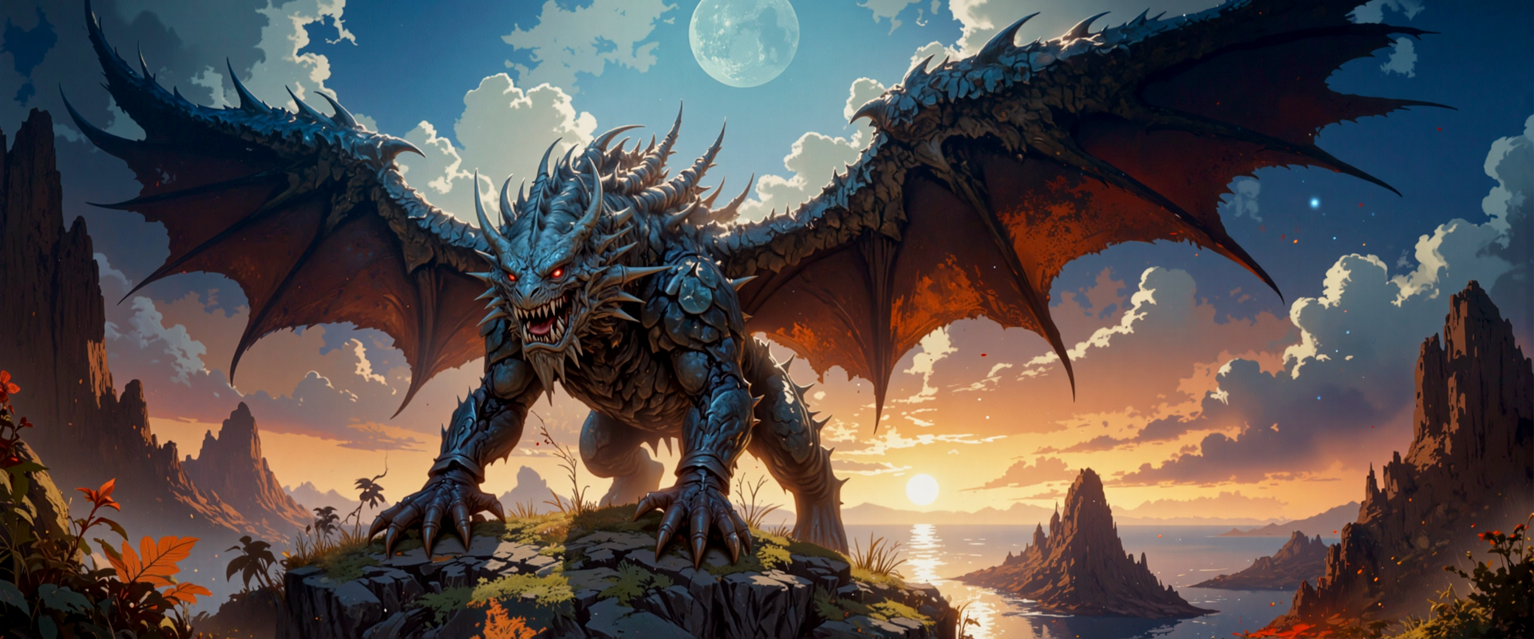 famous artwork inspired by jae cheol park and greg manchess and lucas graciano and maurice sapiro, detailed expressive red glowing eyes, symmetrical spikes, symmetrical wings, large fangs, fantasy style, dramatic cinematic composition, exceptionally beautiful, ultra detailed, 8k, 4k, ultra-high-resolution, this image is a highly detailed, atmospheric dark fantasy and classical-style painting depicting a fearsome dragon standing on a rocky outcrop at sunset. the dragon, which occupies the central focus of the composition, is rendered with meticulous attention to texture and detail. its scales are a mix of dark blue and green hues, with a rugged, scaly appearance that suggests a powerful and ancient creature. the dragon's wings are spread wide, showcasing a gradient of colors from dark blue to a lighter, almost glowing orange near the edges, indicating the setting sun. its mouth is open, revealing sharp, menacing teeth, adding to its intimidating presence. the background features a dramatic, sunset-lit sky with a large, glowing sun partially obscured by clouds. the sun's rays cast a warm, golden light over the landscape, creating a stark contrast with the cooler tones of the dragon. surrounding the dragon are jagged rock formations covered in lush vegetation, in an untamed environment. the lighting is soft and diffused, highlighting the textures of the dragon's scales. the composition is captured from a slightly low angle, giving a sense of grandeur and dominance to the dragon. the overall aesthetic quality of the image is very high, with expert use of light and shadow, vibrant colors, and a dynamic composition that draws the viewer's eye to the dragon. <lora:style-dark_fantasy-flux-by_gtsuya_studio:0.8>