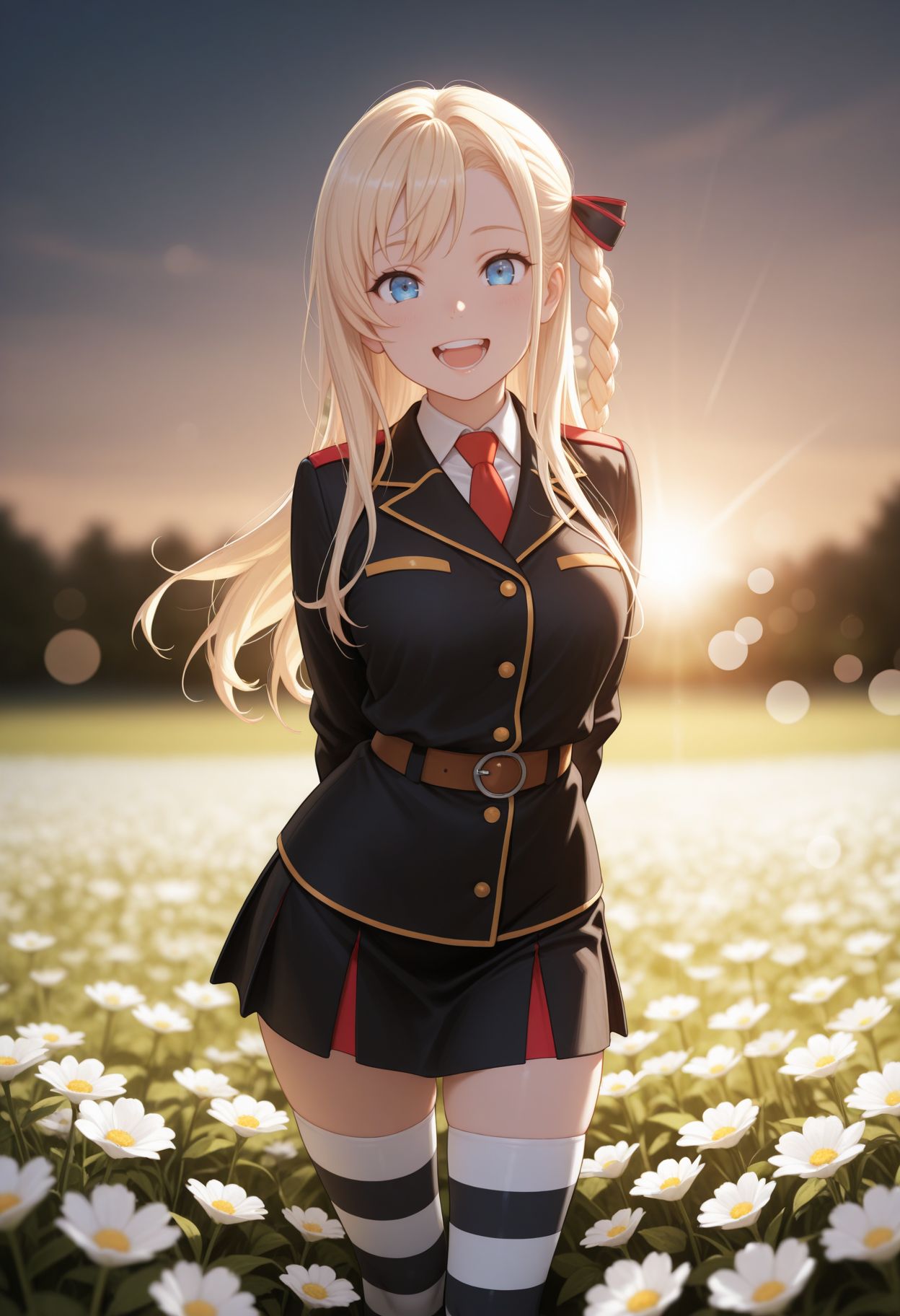 masterpiece,best quality,absurdres,highres,very aesthetic,high quality,detailed,insanely detailed,beautiful,perfect lighting, ,depth of field,blurry background,bokeh, looking at viewer, looking at viewer, flower field, smile, happy, open mouth, teeth, arms behind back, 
 <lora:Wilhema  illu:1> 1girl, blonde hair, long hair, blue eyes, single braid, military uniform, red necktie, belt, black skirt, shirt, black jacket, striped clothes, striped thighhighs