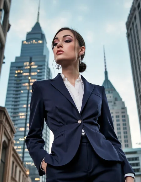 A sophisticated socialite stands in front of a sleek, modern cityscape at dusk, gazing out at the towering skyscrapers. She wears a tailored, navy blue pantsuit with a crisp white blouse and statement accessories. The camera captures her from directly above, emphasizing her sharp features and confident posture.