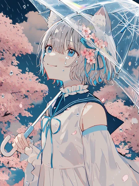 1girl,solo,cherry blossoms,hair flower,pink flower,hair ribbon,cat ears,animal ear fluff,grey hair,short hair,bangs,blue eyes,hair between eyes,eyebrows visible through hair,blush,neck ribbon,white dress,frilled collar,medium dress,petticoat,detached sleeves,flat chest,
umbrella,holding umbrella,holding,solo,looking up,sky,transparent umbrella,cloud,water drop,rain,smile,upper body,rainbow,outdoors,transparent,blue sailor collar,closed mouth,cloudy sky,blue sky,tears,from side,crying with eyes open,crying,blue theme,
<lora:ag31-jirujiaru826_1-000036:1>,