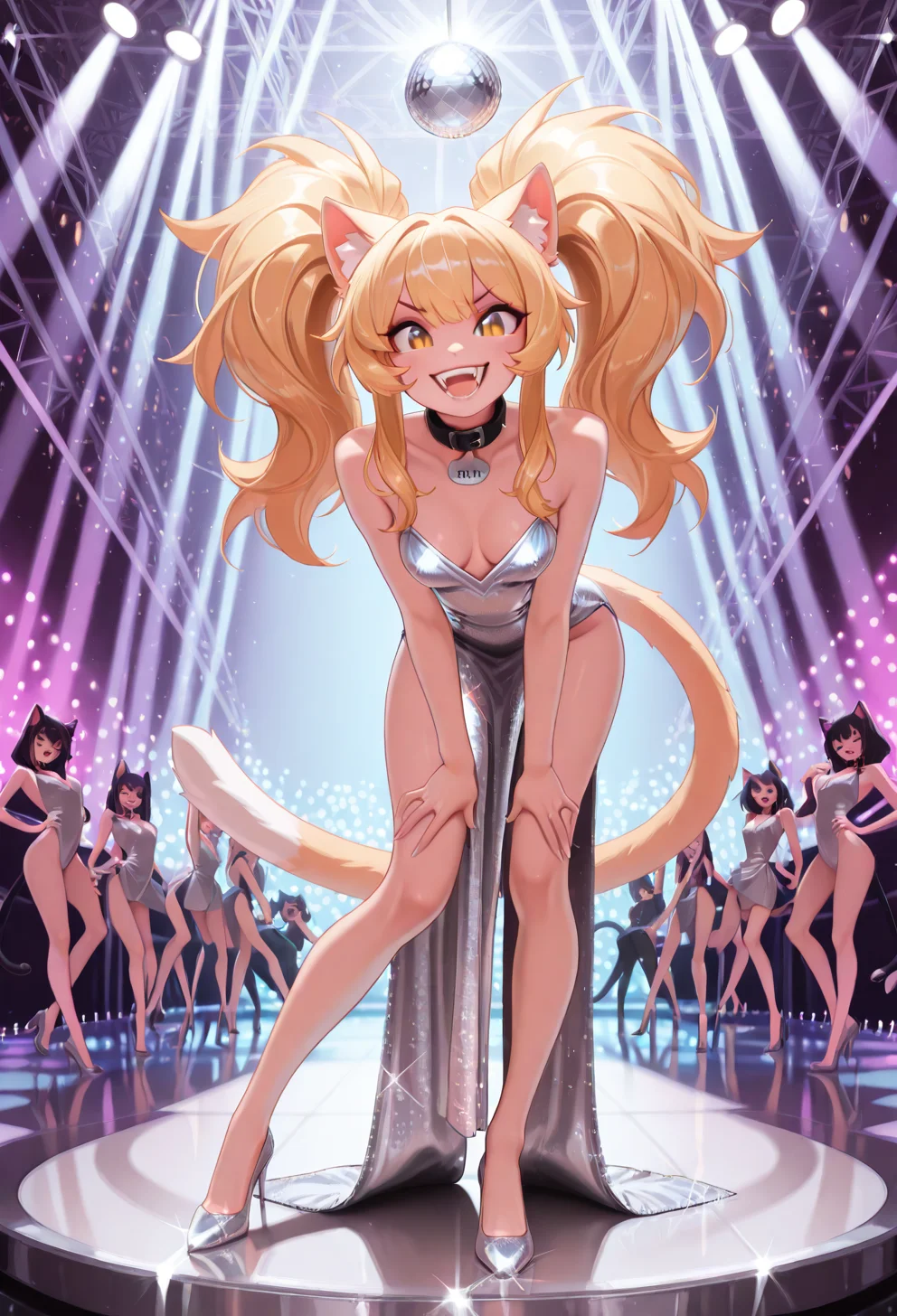 masterpiece, best quality, absurdres,
k1ttyc41t, contrapposto, smile, teeth, excited, leaning_forward,
cat_ears, collar, fangs, tail,
silver dress, side_slit, glitter_dress, v-neck,
silver footwear, pumps,
dance club, disco_ball, music, lights,