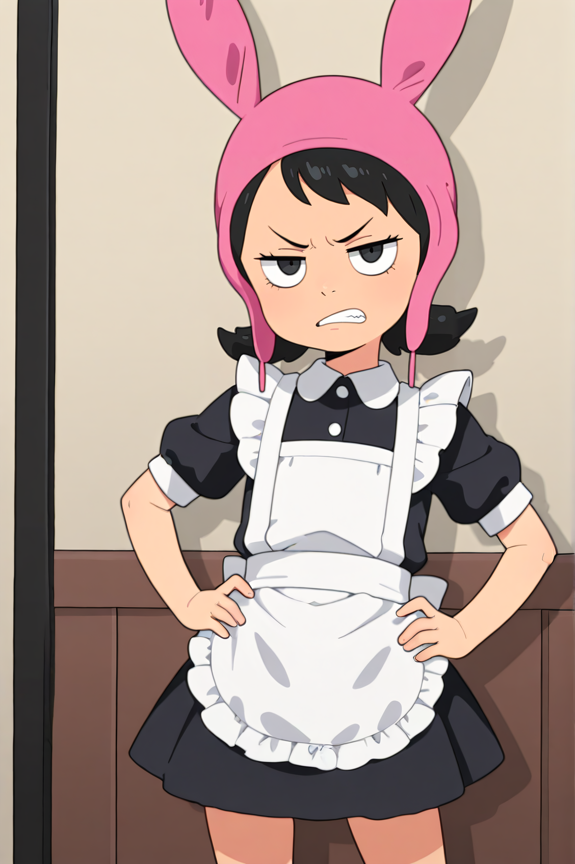 masterpiece, best quality,
1girl, cute, maid, maid apron, hands on hips, clenched teeth, annoyed, looking at viewer, solo,
 <lora:LouiseBelchterIllustrious1.0JLFO:0.8> louiseb, pink bunny hat, black hair, black eyes,