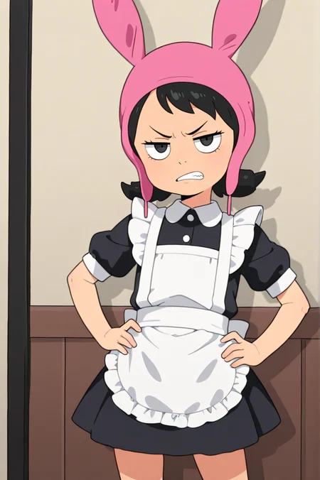 masterpiece, best quality,
1girl, cute, maid, maid apron, hands on hips, clenched teeth, annoyed, looking at viewer, solo,
 <lora:LouiseBelchterIllustrious1.0JLFO:0.8> louiseb, pink bunny hat, black hair, black eyes,