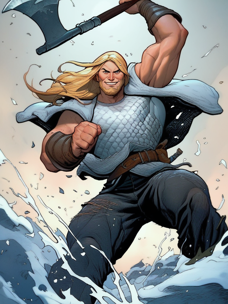 score_9, score_8_up, score_7_up, warrior, handsome, muscular male, winter clothes, big beard, cool, from below, holding axe, epic pose, muscular, evil smile, splash art, blonde hair, viking, pants, 
 <lora:FrankCho_style:1>, FrankchoStyle,