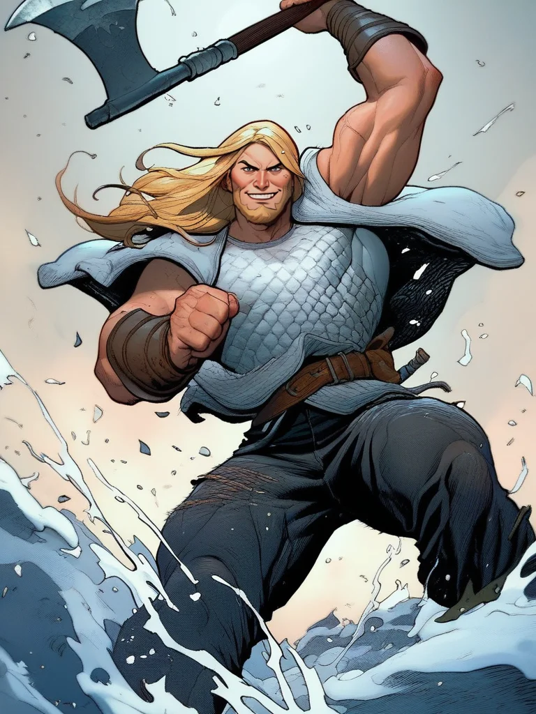 score_9, score_8_up, score_7_up, warrior, handsome, muscular male, winter clothes, big beard, cool, from below, holding axe, epic pose, muscular, evil smile, splash art, blonde hair, viking, pants,
<lora:FrankCho_style:1>, FrankchoStyle,