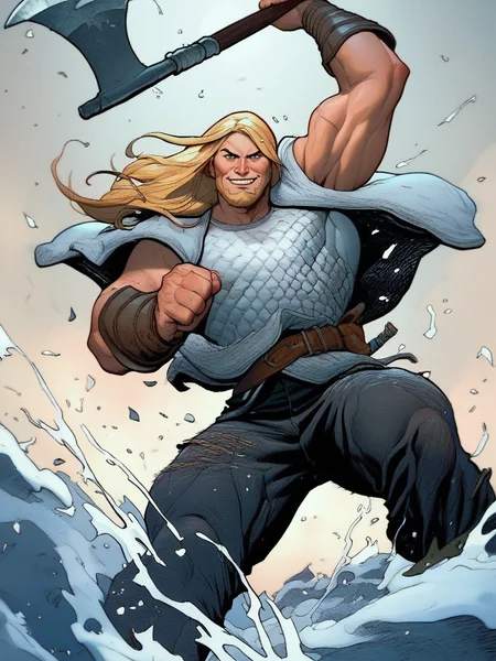 score_9, score_8_up, score_7_up, warrior, handsome, muscular male, winter clothes, big beard, cool, from below, holding axe, epic pose, muscular, evil smile, splash art, blonde hair, viking, pants,
<lora:FrankCho_style:1>, FrankchoStyle,