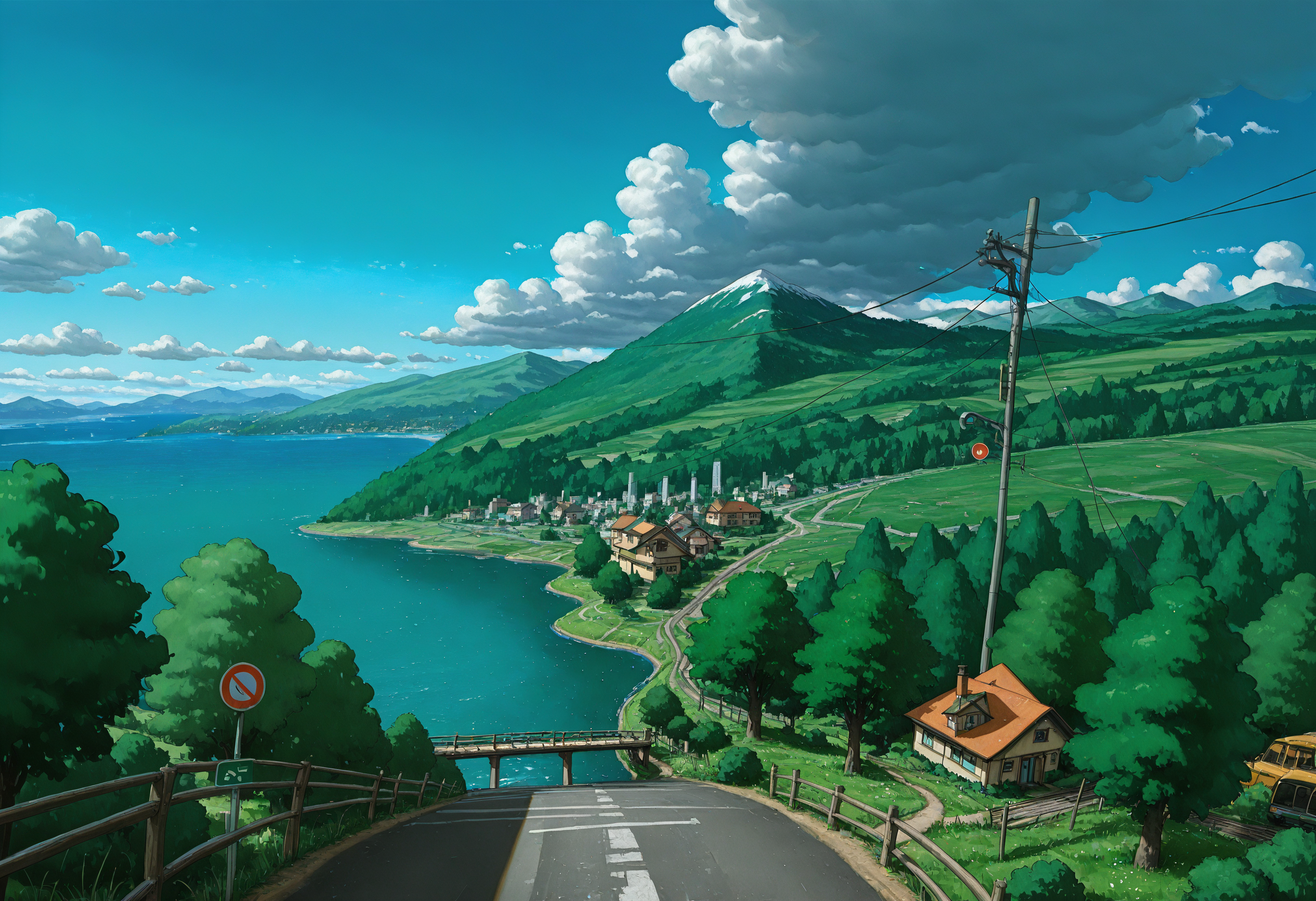 ((cartoon, traditional_media, original, landscape, cowboy_shot, dutch angle))
((on-the-brink,  sky, outdoors, day, cloud, water, tree, blue_sky, no_humans, ocean, cloudy_sky, grass, plant, building, nature, scenery, motor_vehicle, forest, mountain, city, sign, fence, horizon, road, car, cityscape, bush, field, house, bridge, green_theme, power_lines, river, street, landscape, utility_pole, road_sign, train, fisheye, mountainous_horizon, path, hill, town, railroad_tracks))