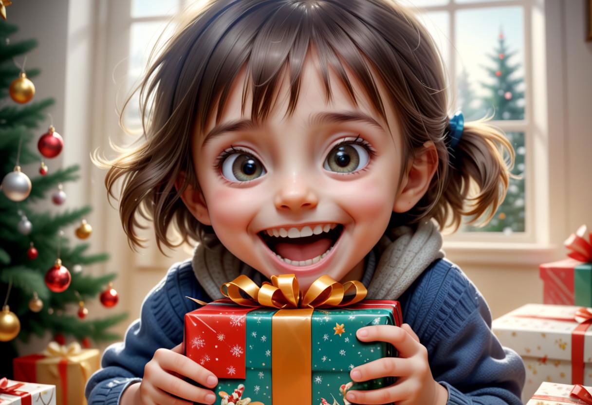 happy:1.1, smile, crazy,a child opens a Christmas present, action, detailed faces, masterpiece, 8k hdr