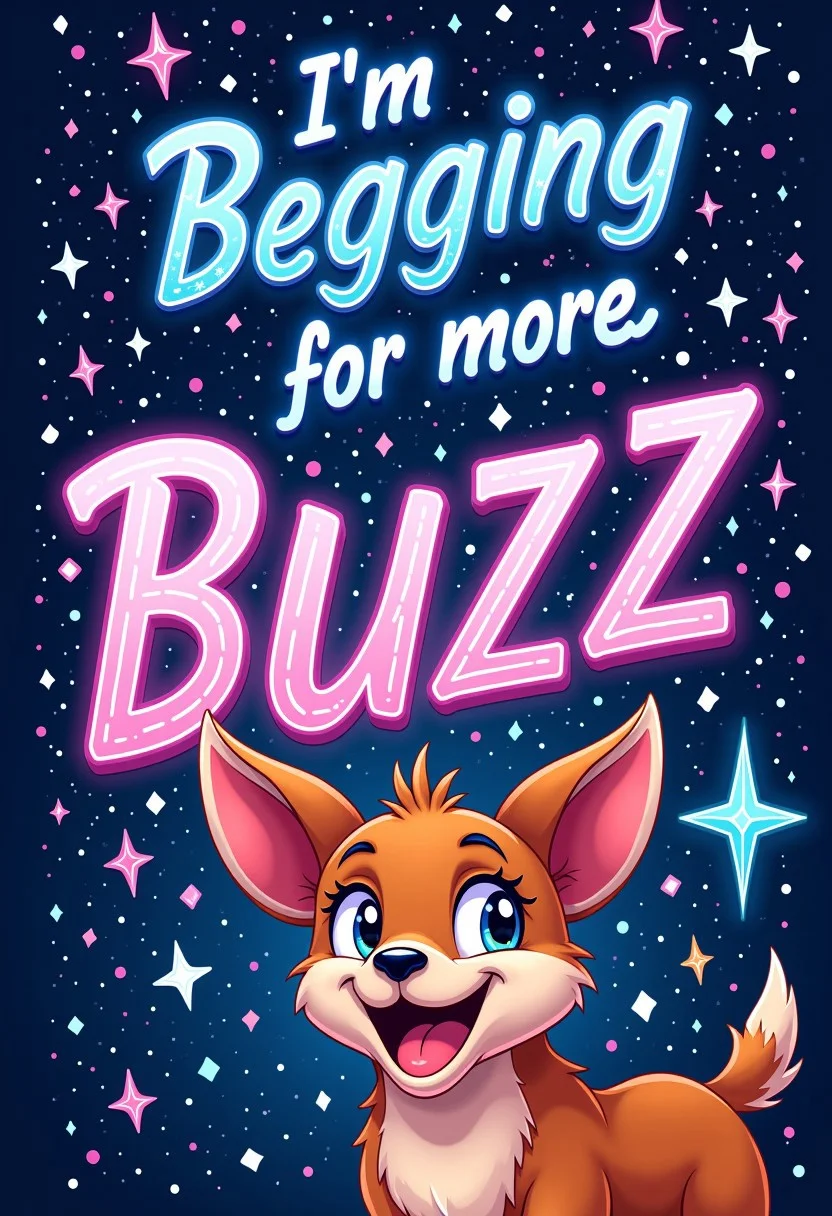 Must expensive outdoor written in galactic letter like it's the must beautiful thing in the world (written 'I'm begging for more Buzz' with letters out of height) with a cartoon dog on side below of screen with Hyper realistic smile and sharp teeth but still looking cute