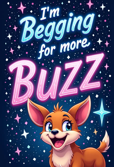Must expensive outdoor written in galactic letter like it's the must beautiful thing in the world (written 'I'm begging for more Buzz' with letters out of height) with a cartoon dog on side below of screen with Hyper realistic smile and sharp teeth but still looking cute