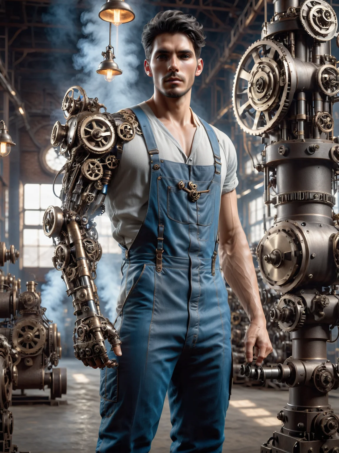man wearing a ahirt and blue overall and mad-mecharm arm lifting operation heavy machinery, steampunk clothing, steam, grease, busy factory, cinematic shot, dramatic lighting, masterpiece, best quality, ultra high res, (photorealistic, realistic:1.2), deep shadow, raw photo, film grain, Fujifilm XT3, 8k uhd, dslr)