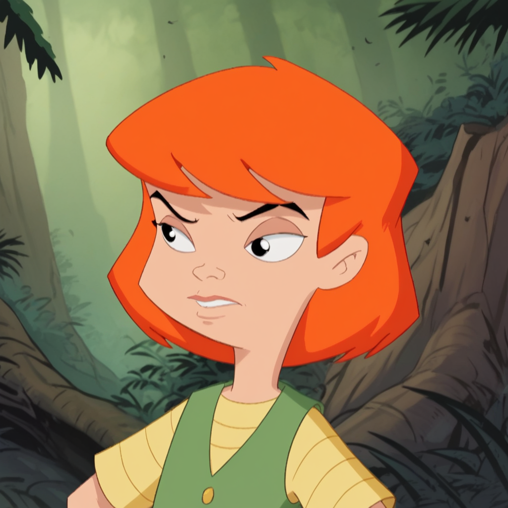 score_9_up, score_8_up, BREAK, Darla, 1girl, solo, orange hair, short hair, black eyes, shirt, vest, upper body,  <lora:DarlaGugenheek_PXL_Leaf1:1>, outdoors, forest,