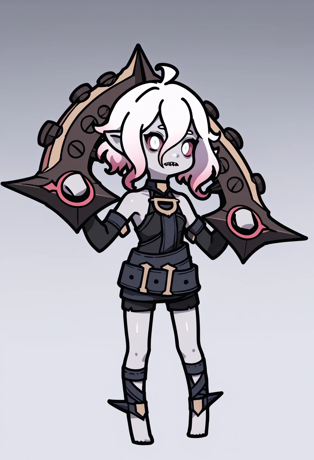 score_9, score_8_up, score_7_up, score_6_up, score_5_up, score_4_up, BREAK
1girl, chibi,
briar, white eyes, colored sclera, white hair, gradient hair, short hair, hair between eyes, ahoge, pointy ears, sharp teeth, grey skin,
shackles, bare shoulders, detached sleeves,
standing, full body, solo, looking at viewer, simple background, white background <lora:RabbitAndSteelXLLocon:1> <lora:BriarXL:1>
