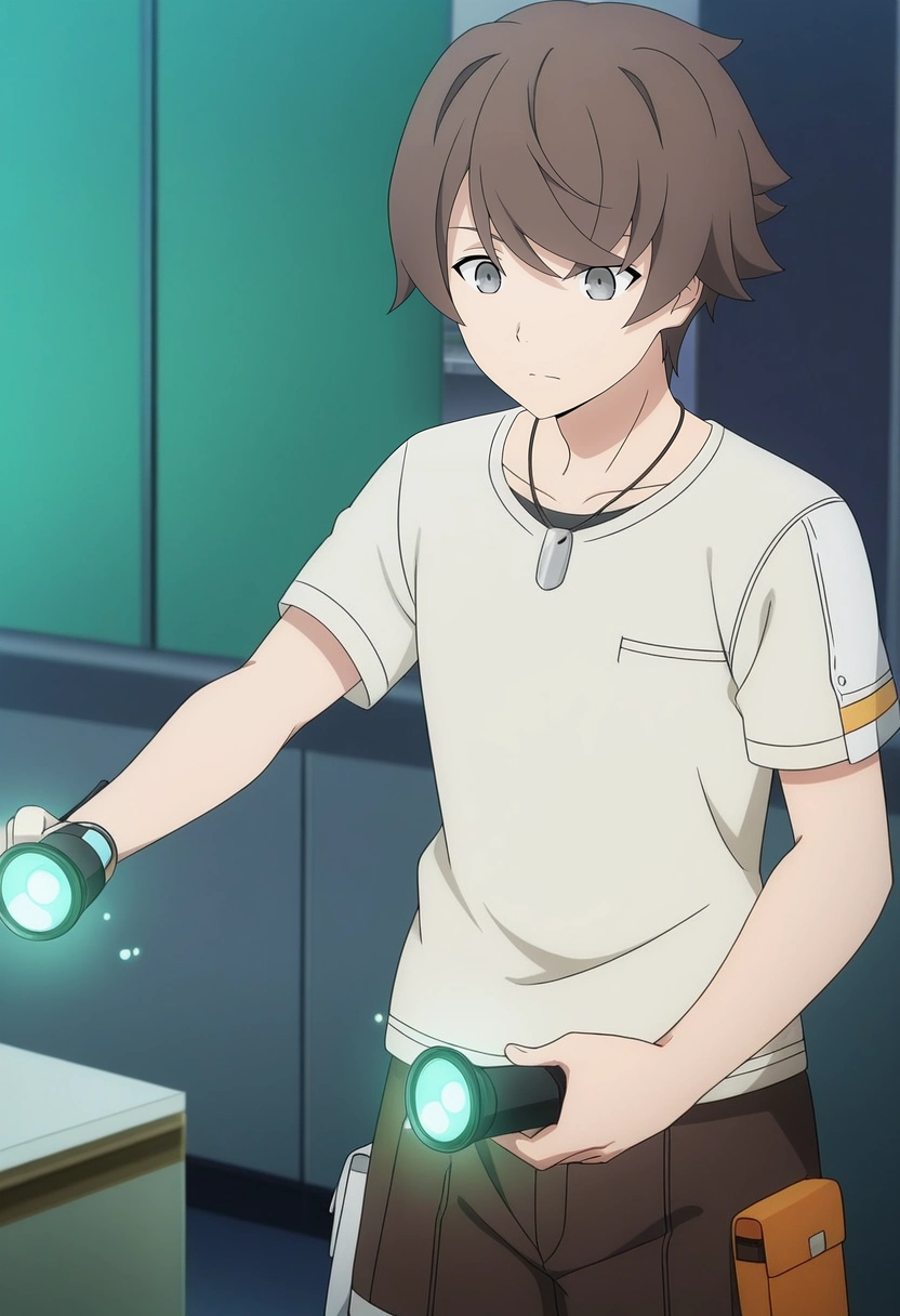 masterpiece, best quality, anime screencap, official style, anime coloring, cowboy shot, 1boy, solo, male focus, <lora:kanata_synduality_noir_ilxl:0.96>, kanata_synduality_noir, brown hair, grey eyes, short hair, , , , science lab, bubbling beakers, glowing microscopes, organized benches, experimenting pose, focused expression, sterile light, Seersucker shorts, Linen shirt, , ,