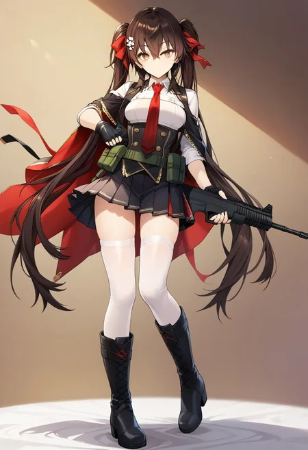 score_9_up, score_8_up, score_7_up, extreamly detailed, beautiful detailed face, complex detailed background, 1girl, BREAK,
JIANG YU (GIRLS' FRONTLINE), JIANG YU REGULAR WEAR, 1girl, solo, long hair, breasts, looking at viewer, bangs, skirt, simple background, brown hair, shirt, black hair, thighhighs, gloves, ribbon, holding, hair between eyes, twintails, brown eyes, very long hair, standing, full body, hair ribbon, white shirt, weapon, pleated skirt, boots, necktie, black gloves, belt, fingerless gloves, cape, black footwear, holding weapon, white thighhighs, red ribbon, gun, buttons, knee boots, red necktie, holding gun, corset, rifle, pouch, underbust, double-breasted, assault rifle