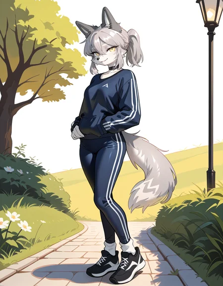 masterpiece, best quality, very aesthetic, absurdres,
outdoors,
full body, standing, posing,
casual,
seductive smile, parted lips, long eyelashes,
<lora:Seraya_v01_NAIXL:1>
S3ray4,1girl,solo,furry,furry female,wolf girl,wolf ears,short hair,grey hair,ponytail,hair between eyes,long sidelocks,yellow eyes,snout,animal nose,choker,body fur,two-tone fur,grey fur,white fur,wolf tail,