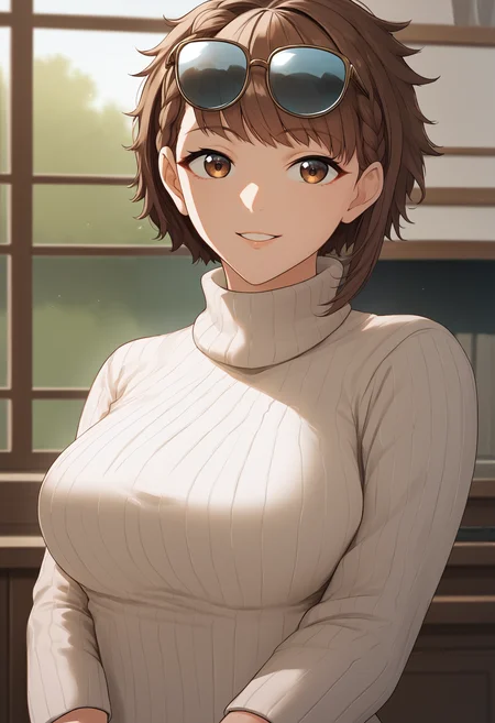 score_9, score_8_up, score_7_up, source_anime BREAK 1girl, solo,  <lora:delta-nikke-richy-v1_pdxl:1>dltnkk, brown eyes, brown hair, short hair, braid, eyewear on head, turtleneck sweater, white sweater, ribbed sweater, smile, breasts, standing, indoors, looking at viewer, parted lips