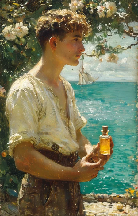 masterpiece,best quality,<lora:tbh239-sdxl:0.9>,illustration,style of Henry Scott Tuke A bottle of perfume in garden