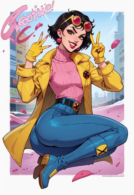 score_9, score_8_up, score_7_up, 1girl, full body, high detailed skin, solo, perfect finger anatomy, (beautiful face:1.5), black hair, asian, perfect face, lips, perfect nose, portrait, big city, shiny skin, clean lineart, fighting pose, narrow waist, round ass, curvy, wide hips, short hair, small breasts, motion effect, V, happy, fingernails, X-Men_Jubilee, yellow coat, yellow gloves, pink snow glasses in head, pink shirt, turtleneck, blue shorts, belt, blue boots, earrings.