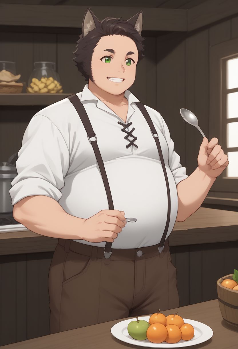 score_9, score_8_up, score_7_up, source_anime, rating_safe, Josph, 1stdsgn, 1boy, male focus, suspenders, green eyes, white shirt, collared shirt, fat man, plump, brown pants, wide smile, indoors dining room, food on the table, plates, fruits, behind the table, holding, holding spoon