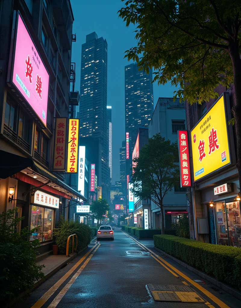 <lora:citybkgv2:1> citybkg, cyberpunk, night, detailed, street,futuristic, ground view, high buildings in the background, billboard on trees, signs, shop, kanji, illuminated, neon street marking, city lights, houses, vegetation,