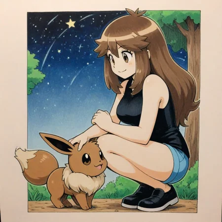 lgpegreen, green \(pokemon\), brown eyes, eyelashes, long hair, bangs, brown hair, sidelocks, black shirt, sleeveless shirt, blue shorts, short shorts, shoes, black footwear, bare legsr, medium breasts, mature female, squatting, from side, looking down, squatting, petting another, 
eevee \(pokemon\), glowing, happy, 
outdoors, trees, night, stars, simple background, traditional media, sketch, detailed lines,   manga style , pencil sketch style, soft shading, soft delicate features