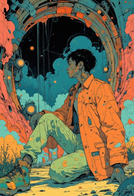 A surreal, psychedelic digital artwork showcasing a person with a sleek black, short haircut, dressed in an eye-catching bright orange suit with bold zebra stripes, paired with vibrant green, leopard-print pants. They are seated on an abstract, colorful surface of swirling, liquid-like patterns in vivid hues of pink, turquoise, and gold, adding to the scene's chaotic energy. The background features a mesmerizing, trippy tunnel that spirals with marbled colors—deep reds, electric blues, vivid greens, and sunshine yellows—culminating in a mysterious black, starry night sky at the top. The person gazes into the tunnel, their posture conveying a sense of curiosity and intrigue as if drawn into its dark, enigmatic depths. The artwork's style is a bold nod to the 1960s psychedelic art movement, with saturated colors, intricate details, and flowing, organic forms. The composition feels alive with energy, combining dynamic depth, intense contrast, and a kaleidoscopic palette to create an immersive, otherworldly experience.