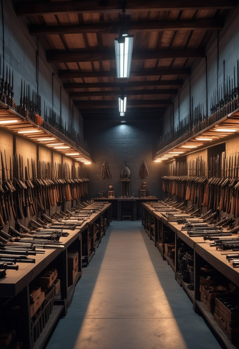 photo of Armory, Dimly lit chamber with rows of weapon racks, armor stands showcasing various ninja gear, sharpening stones on tables, flickering torches on the walls, a faint smell of oil and metal, during autumn, at dusk ,Masterpiece,best quality, raw photo, realistic, very aesthetic