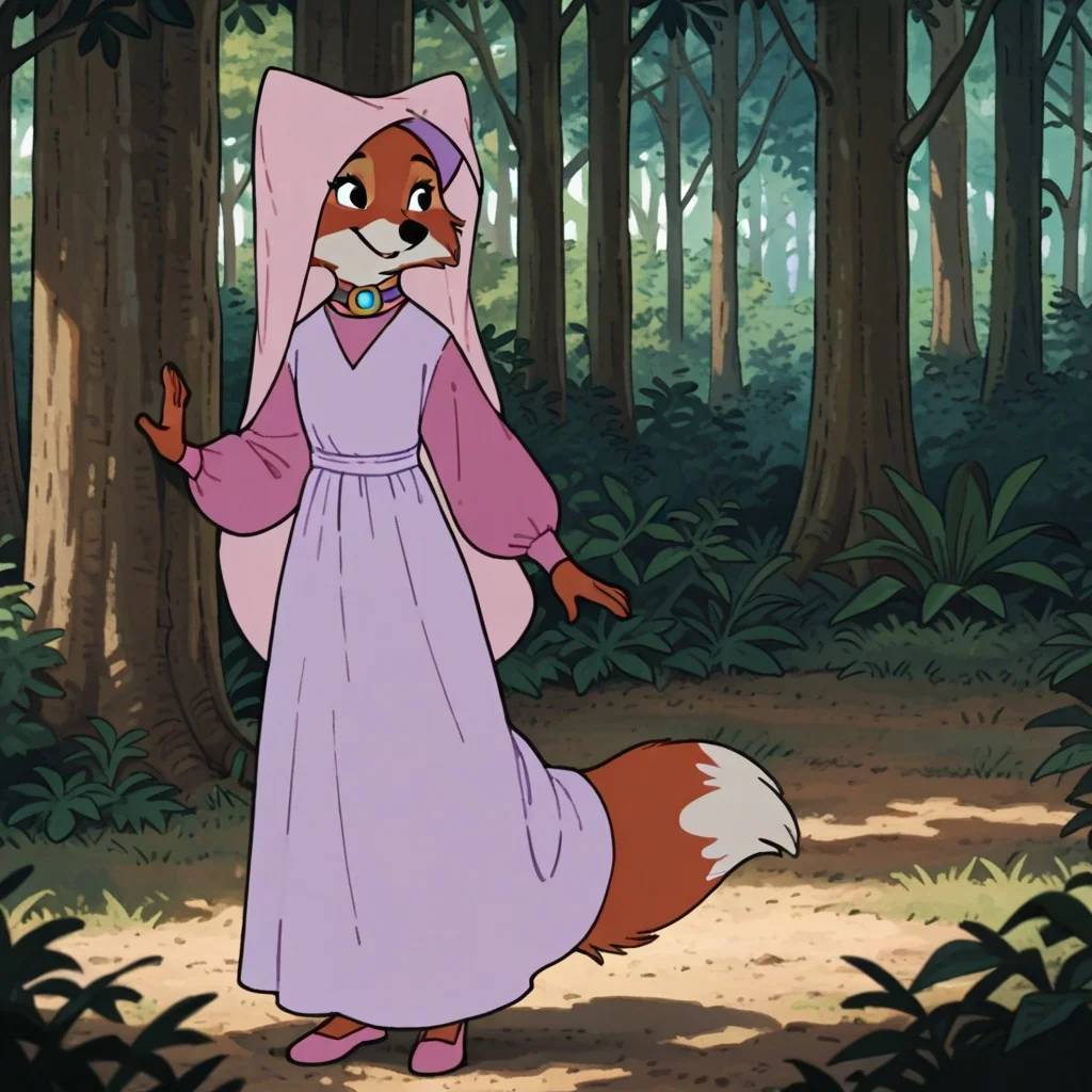 masterpiece, best quality, amazing quality, maidmarianrhil, semi-anthro, female, fox_girl, red-orange fur, black eyes, lavender dress, pink sleeves, long sleeves, purple choker, gold brooch with blue jewel, pink veil, pink shoes, standing, in forest,, <lora:34dad753-2c0f-4a05-90f3-71c7df877617:0.7>