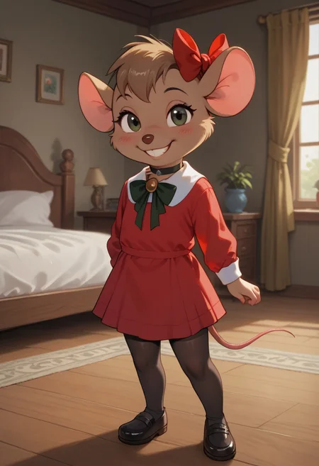 score_9, score_8_up, score_7_up, score_6_up, score_5_up, 1girl, solo, full body,
<lora:Olivia Flaversham (The Great Mouse Detective) (Pony):0.8>
Olivia_F, furry female, body fur, brown fur, animal nose, mouse ears, animal ears, (hair ribbon), short hair,
choker, grin, teeth,
(leggings), minidress, red dress,
seductive pose,
indoors, (detailed background), bedroom,
looking at viewer, coy smile, flirtatious look,
sultry expression, blush,