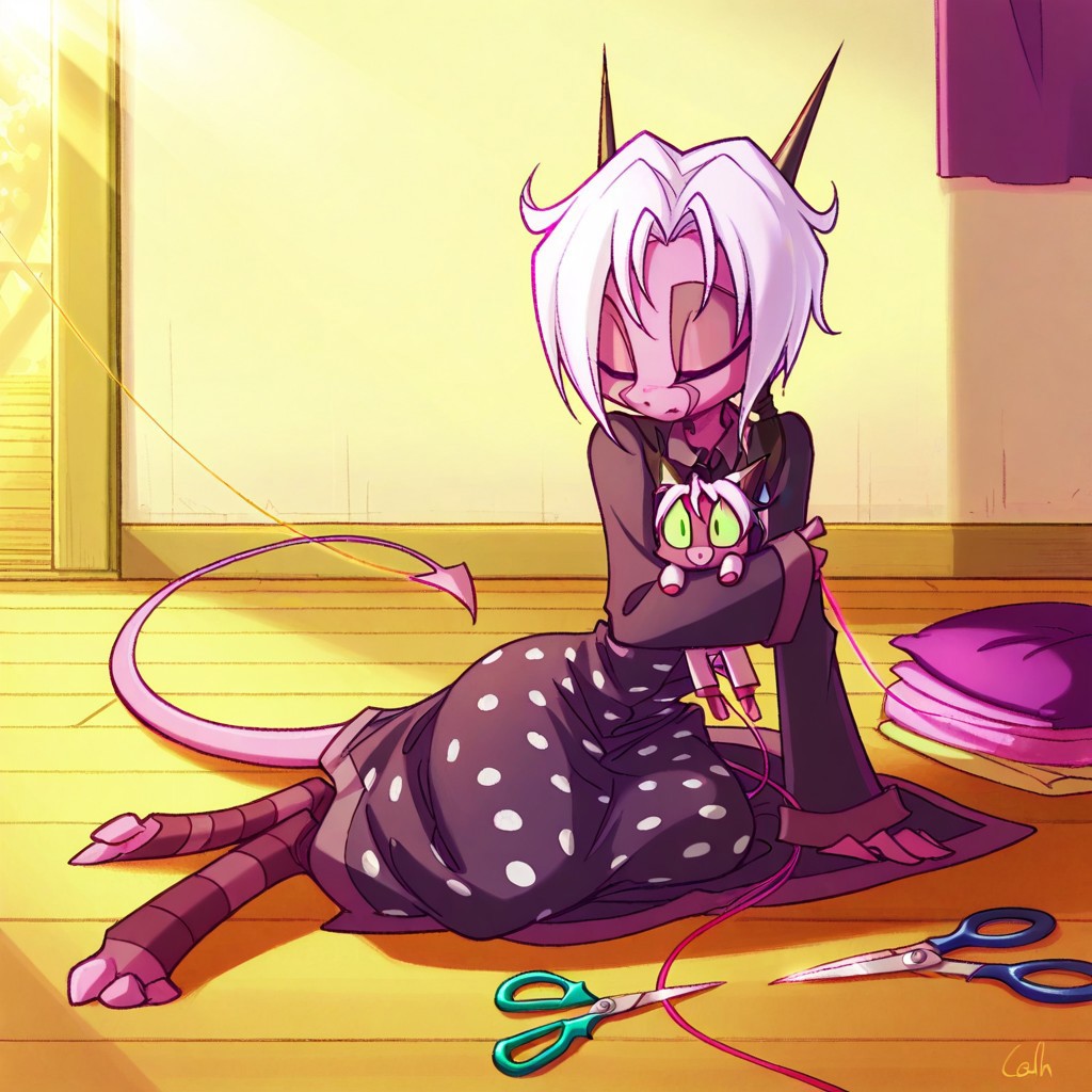 score_9, score_8_up, score_7_up,namah_calah,
1girl,solo,furry,tail, source_furry,horns,
 ,<lora:namah_calah_illustrious:0.8>,
child, kid, 
needle, thread, plushie, fabric_scraps, scissors, polka_dot_dress, wooden_floor, sunlight, ribbon