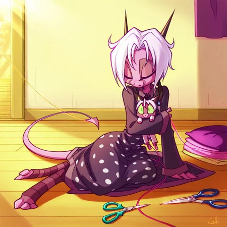 score_9, score_8_up, score_7_up,namah_calah,
1girl,solo,furry,tail, source_furry,horns,
,<lora:namah_calah_illustrious:0.8>,
child, kid,
needle, thread, plushie, fabric_scraps, scissors, polka_dot_dress, wooden_floor, sunlight, ribbon