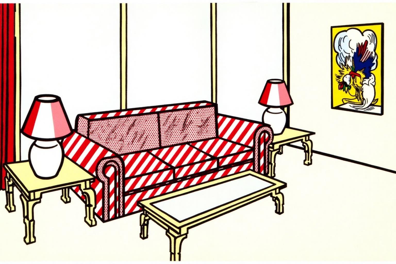 lichtenstein1 illustration.
An room with a red sofa with white stripes and polka dots. There are identical side tables to the left and right of the sofa. There are lamps on top of the side tables. There are three large glass panels behind the sofa.
There is a colorful picture hanging on the wall on the right.
 <lora:lichtenstein1_cap_d6a3e8:1.0><lora:835906575748122407:0>