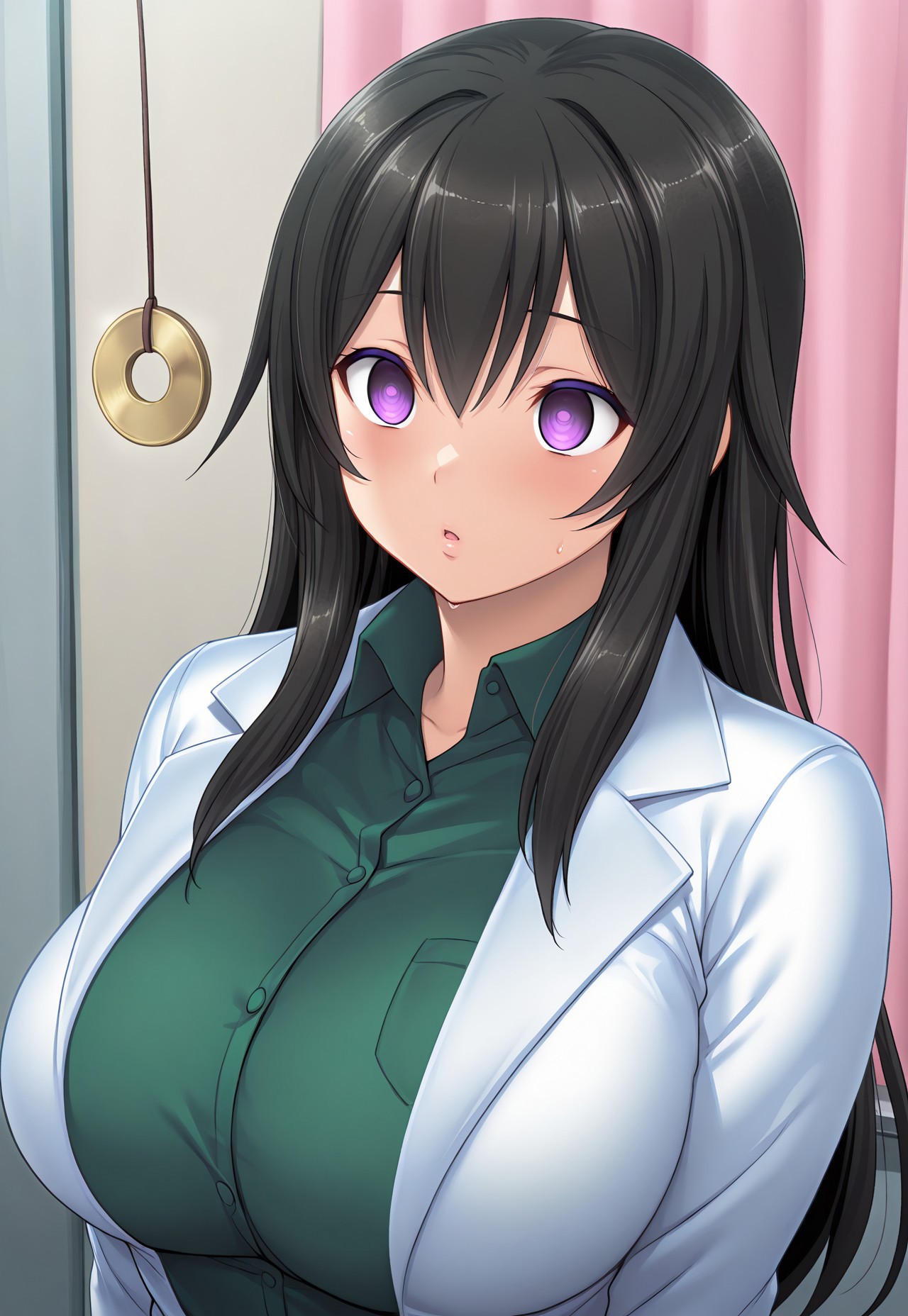 masterpiece, best quality, amazing quality, absurdres, very aesthetic, miharakaoru, 1girl, long hair, black hair, purple eyes, large breasts, solo, default_outfit, labcoat, shirt, green shirt, upper body, hypnosis, mind control, @ @