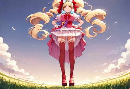 curemacherie, high heels, garter straps, thighhighs, outside,  score_9, score_8_up, score_7_up, ,source_anime, best quality, masterpiece,   , full body view ,collarbone ,  1girl , solo , girl focus, large breasts,  score_9, score_8_up, score_7_up, ,source_anime, best quality, masterpiece, , garter straps , 1girl , solo , girl focus,, full body view, facing viewer, hands on hips, low angle view, from below, standing, outside , day, field,