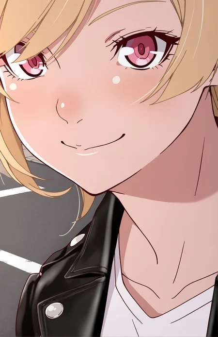 Kizustyle, 1girl, solo, blonde hair, pink eyes, leather jacket, street, smile, jeans, white shirt, front view, portrait, houme's, looking at viewer,