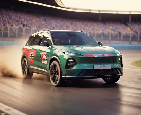 SUV car,movie theater,absurdres,game cg,cinematic lighting,photo,reality,depth of field,masterpiece,front view,(SUV racing around the track, with racing stickers on the body, track version of the SUV,motion blur:1.4),<lora:2.20suv car_xl-000010:1>,