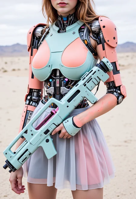 ajpasbot. A photorealistic 3D render showing a detailed close-up of a mechanical winged feminine robot's Upper body featuring a curvaceous form wearing a short pleated sheer skirt and thigh-high stockings. The parts resembling her skin is painted in salmon pastel color mimicking skin but is visible as paint work.  Her mechanical parts are painted in mint pastel color.  She IS Holding a Large futuristic Energy blaster Pulse rifle, Her exposed mechanical body consists of intricately connected desaturated components - shocking pink and Grey hydraulic pistons, and joint mechanisms visible through transparent panels. The exoskeleton features color-blocked sections in vibrant Mint and Pristine white, with delicate seams and intricate mechanical details. Exposed circuitry glows with holographic highlights between armor plates. Her shoulder blades are elegant mechanical structures with prismatic reflections.mechanical structure beneath. The neon-mist stockings feature intricate geometric patterns. The composition is set against a bleaked White desert background, atmospheric lighting, atmospheric haze, Artificial directional lighting emphasizes the detailed mechanical anatomy and creates playful reflections across the surfaces. Shot in extreme close-up, focusing on the intricate details ofher emotionless face and  her mechanical Upper Body structure.