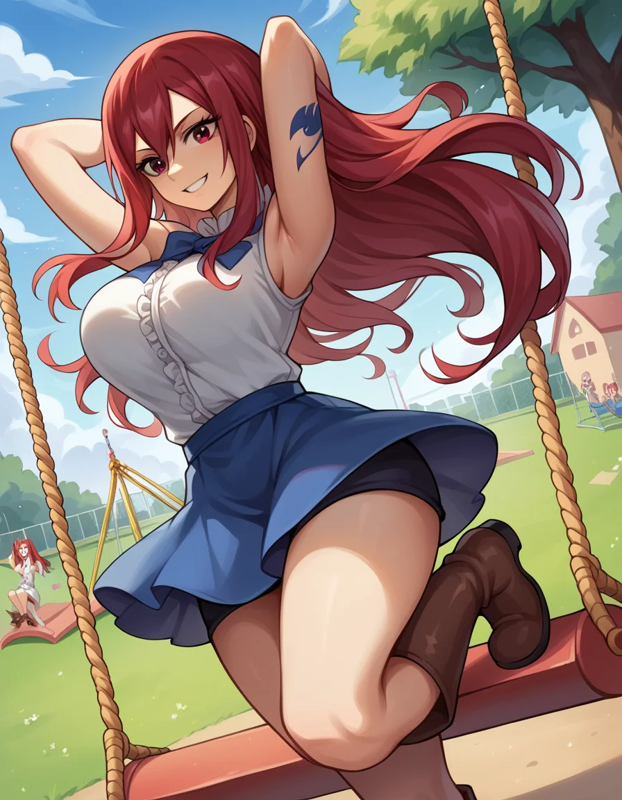 score_9, score_8_up, score_7_up, source_anime, <lora:erza-scarlet-ponyxl-lora-nochekaiser:1>, erza scarlet, long hair, red hair, hair between eyes, brown eyes, large breasts,, skirt, shirt, bow, boots, sleeveless, sleeveless shirt, tattoo, white shirt, frills,, public park, playground, swing set, laughter, sunny day, smile, looking at viewer, hands behind head,, solo,, dutch angle,
