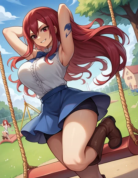 score_9, score_8_up, score_7_up, source_anime, <lora:erza-scarlet-ponyxl-lora-nochekaiser:1>, erza scarlet, long hair, red hair, hair between eyes, brown eyes, large breasts,, skirt, shirt, bow, boots, sleeveless, sleeveless shirt, tattoo, white shirt, frills,, public park, playground, swing set, laughter, sunny day, smile, looking at viewer, hands behind head,, solo,, dutch angle,