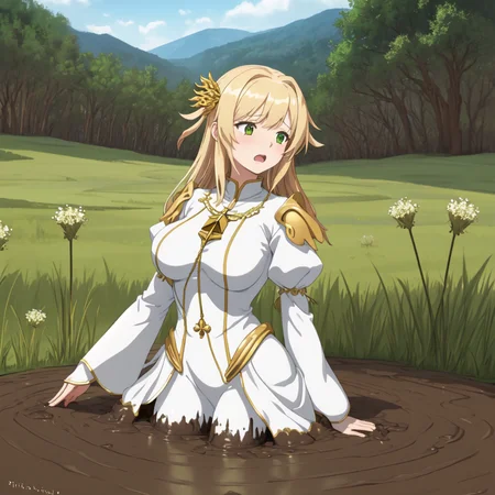 masterpiece, best quality, digital art, deviantart, 1girl, golden hair, large breasts, small waist, white dress, gold ornaments, priestess, green grass, hills in the distance, trees, flowers, blue sky, partially submerged, brown mud, mud bog, sticky mud, scared, worried, screaming, close up