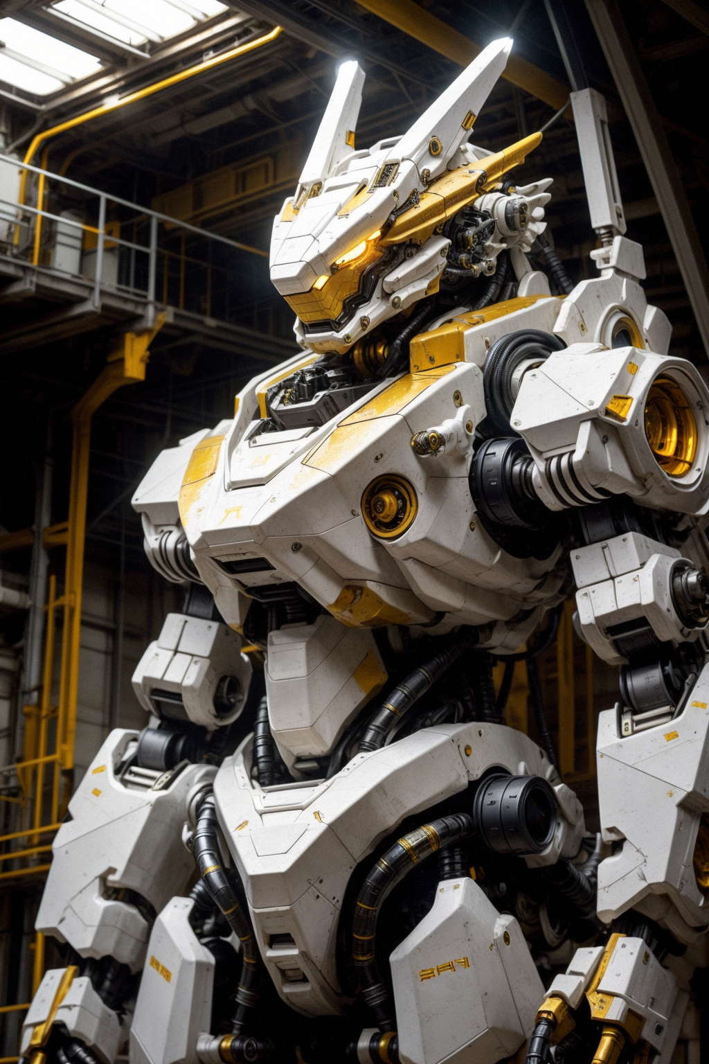 cgmech, dragon robot, white and yellow, ((masterpiece, best quality)),   <lora:Niji:0.6> <lora:more_details:0.3> Detailed background, spaceship interior, film grain <lora:dragonborn_offset:0.4>